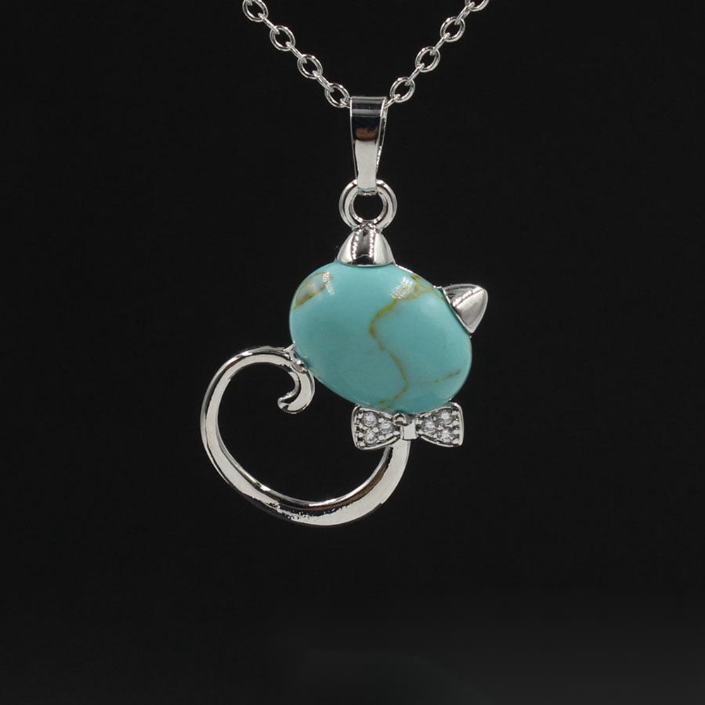 Natural Stone Cute Sweet Cat Pendant Necklace Chakra Cure Quartz Crystal Hello Kitte Cats Jewelry Birthday Gifts for Her/Mum/Wife/Bestfriend