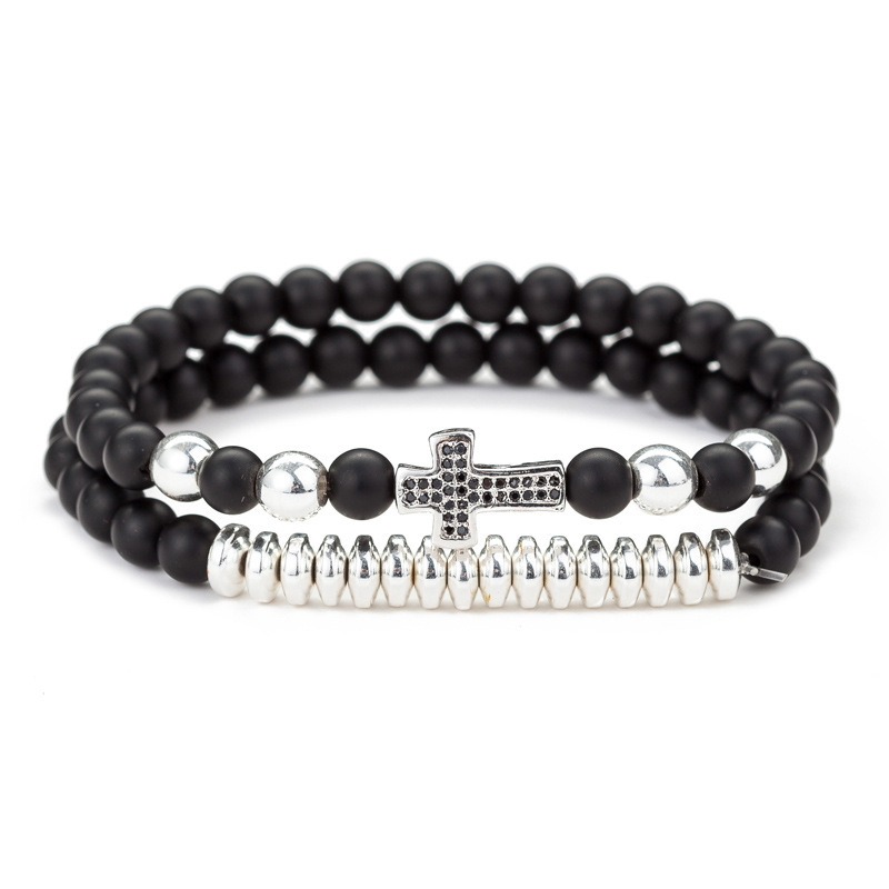 2Pcs Cross Beaded Bracelets Set for Women Men 6mm Stone Stretch Bracelet Black Beads Jewerly