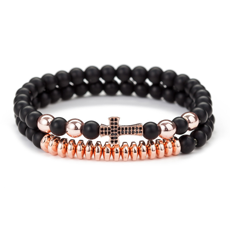 2Pcs Cross Beaded Bracelets Set for Women Men 6mm Stone Stretch Bracelet Black Beads Jewerly