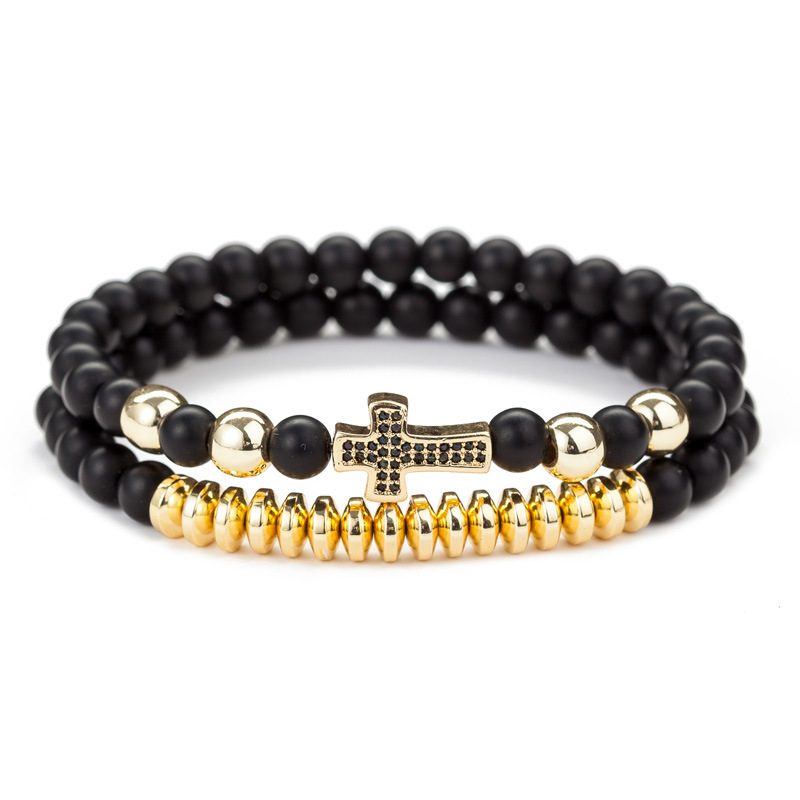2Pcs Cross Beaded Bracelets Set for Women Men 6mm Stone Stretch Bracelet Black Beads Jewerly
