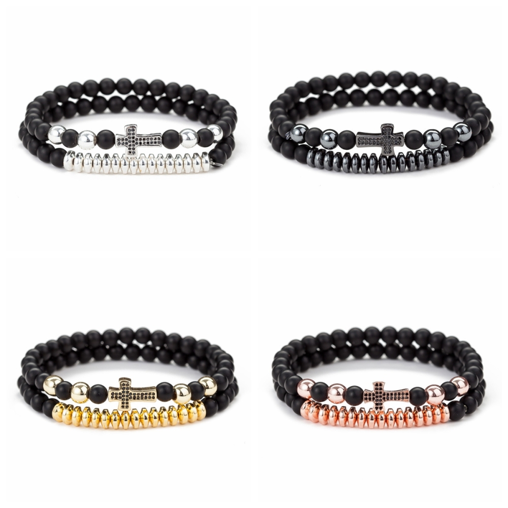 2Pcs Cross Beaded Bracelets Set for Women Men 6mm Stone Stretch Bracelet Black Beads Jewerly
