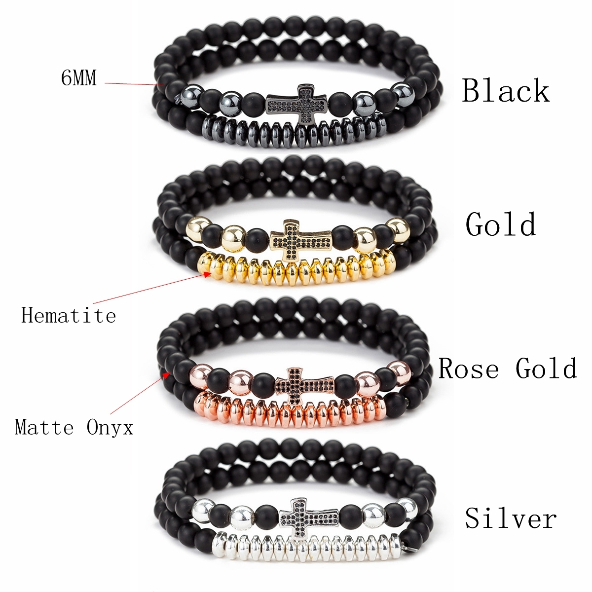 2Pcs Cross Beaded Bracelets Set for Women Men 6mm Stone Stretch Bracelet Black Beads Jewerly