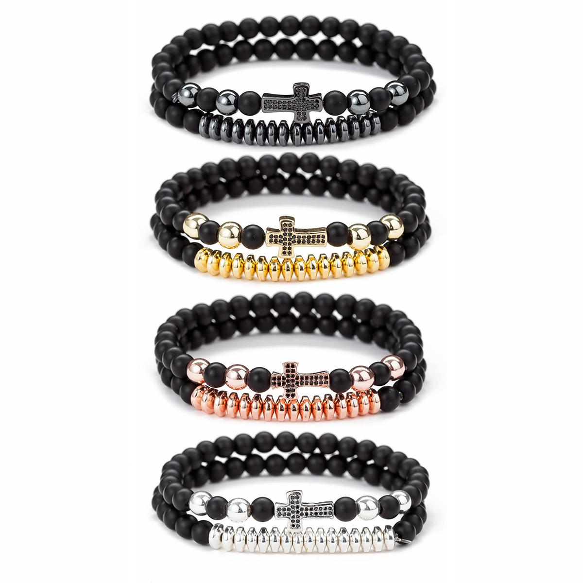 2Pcs Cross Beaded Bracelets Set for Women Men 6mm Stone Stretch Bracelet Black Beads Jewerly