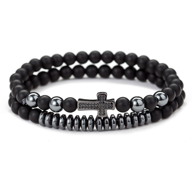 2Pcs Cross Beaded Bracelets Set for Women Men 6mm Stone Stretch Bracelet Black Beads Jewerly