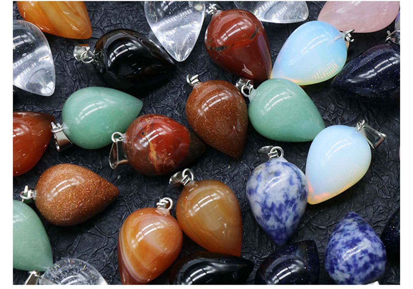 Natural Round Waterdrop  Gemstone Pendant Necklace with 45cm Black Leather