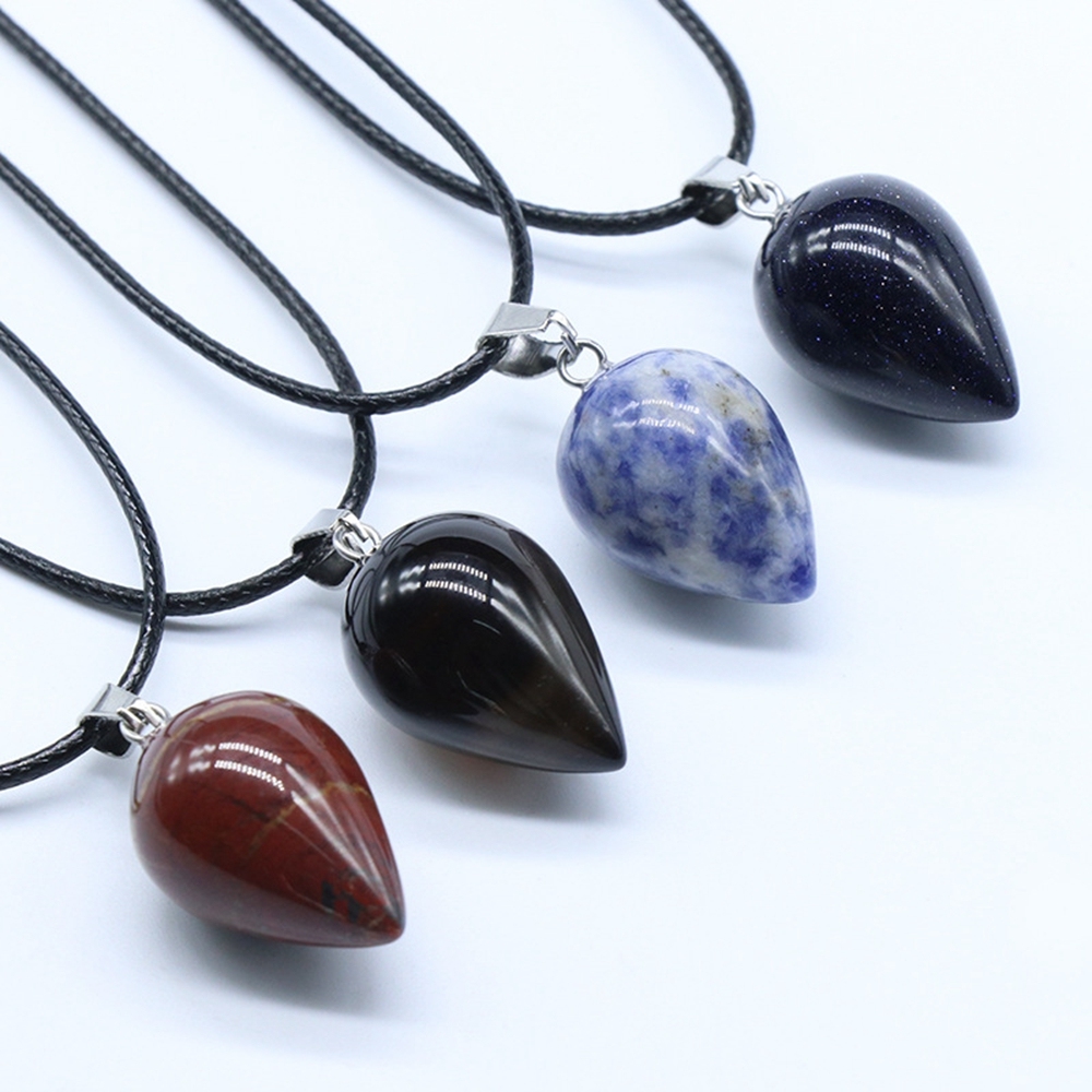 Natural Round Waterdrop  Gemstone Pendant Necklace with 45cm Black Leather