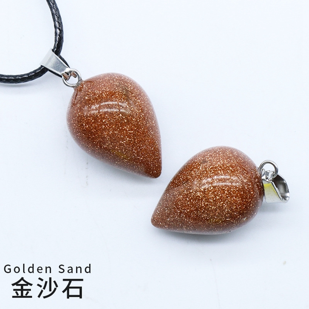 Natural Round Waterdrop  Gemstone Pendant Necklace with 45cm Black Leather