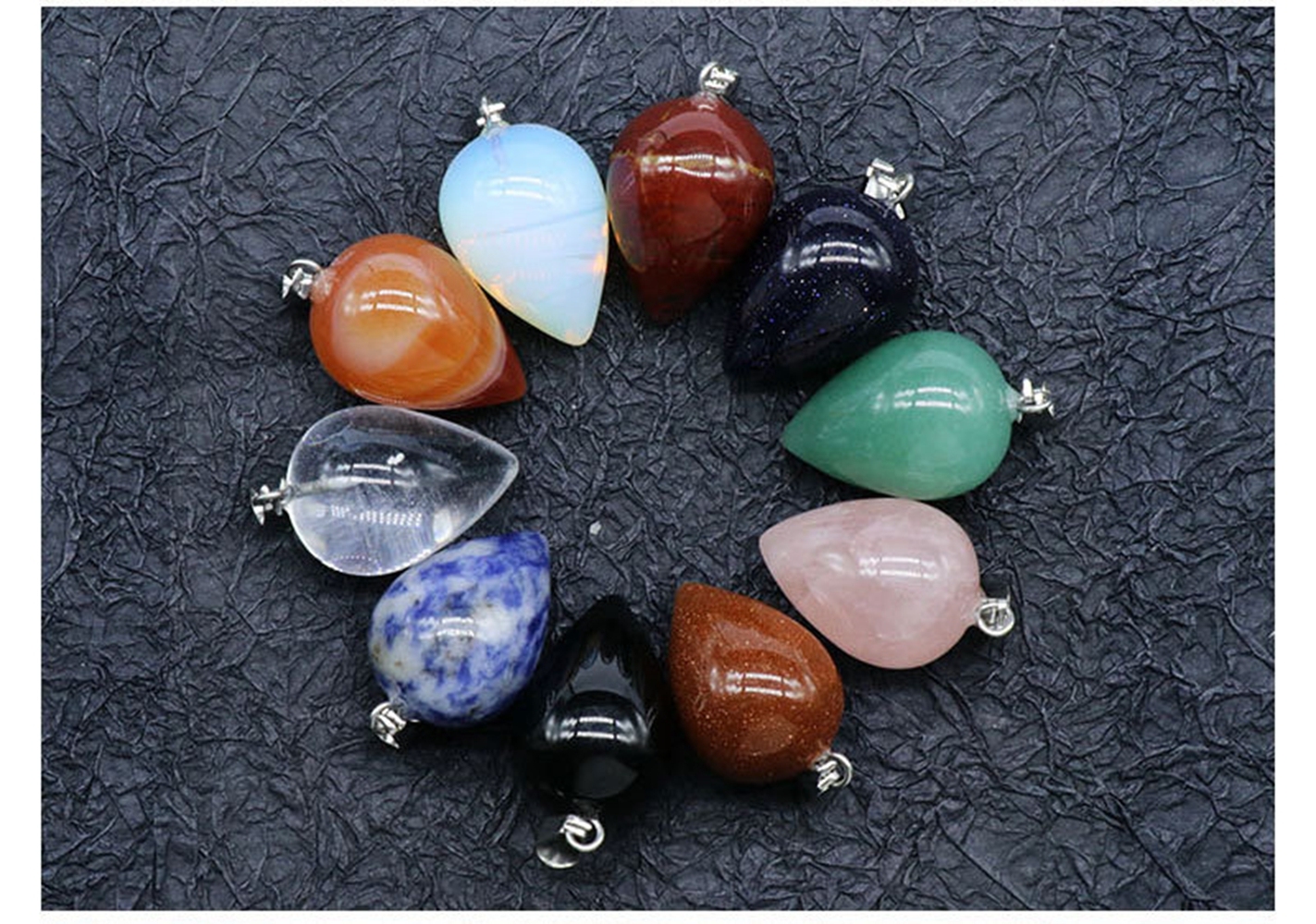 Natural Round Waterdrop  Gemstone Pendant Necklace with 45cm Black Leather