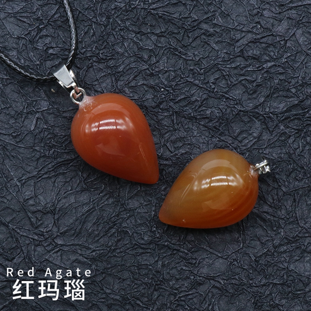 Natural Round Waterdrop  Gemstone Pendant Necklace with 45cm Black Leather
