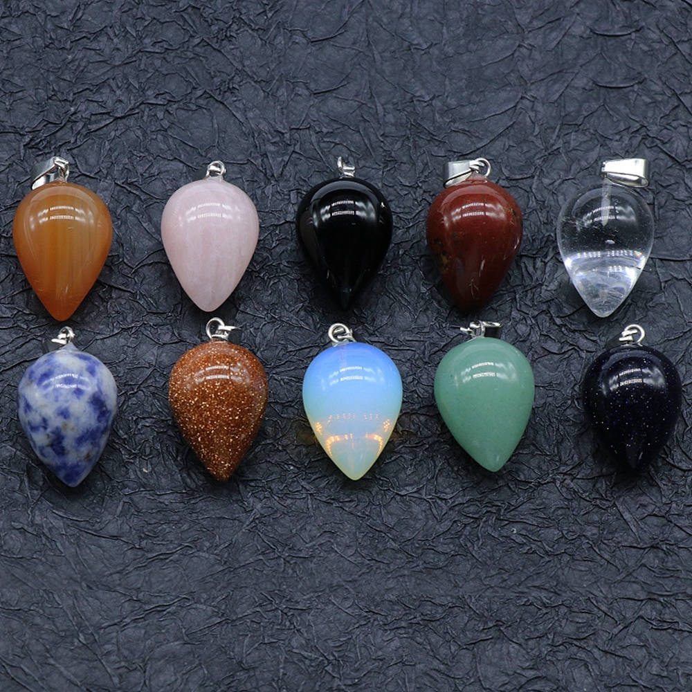 Natural Round Waterdrop  Gemstone Pendant Necklace with 45cm Black Leather