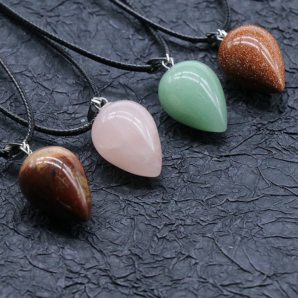 Natural Round Waterdrop  Gemstone Pendant Necklace with 45cm Black Leather