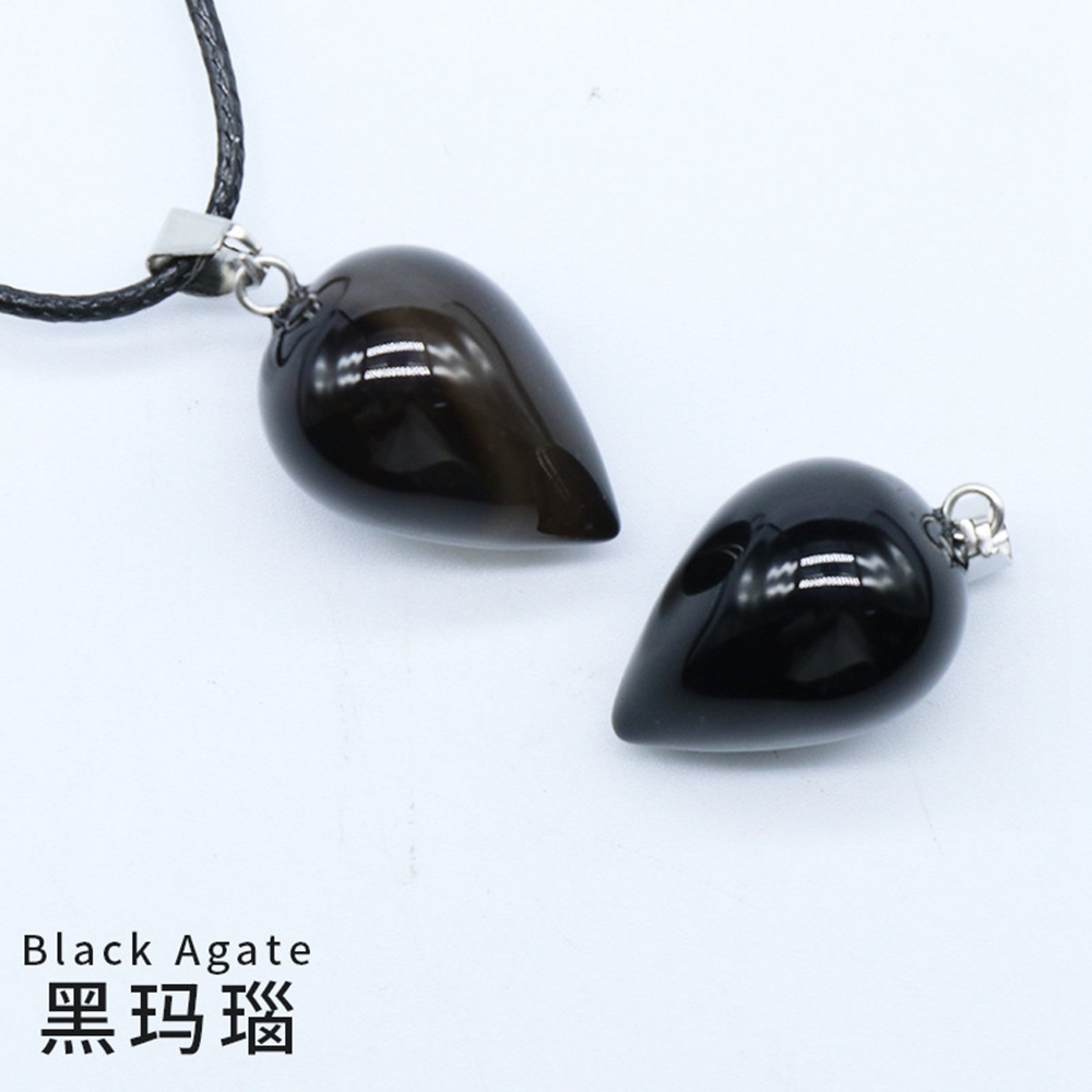Natural Round Waterdrop  Gemstone Pendant Necklace with 45cm Black Leather