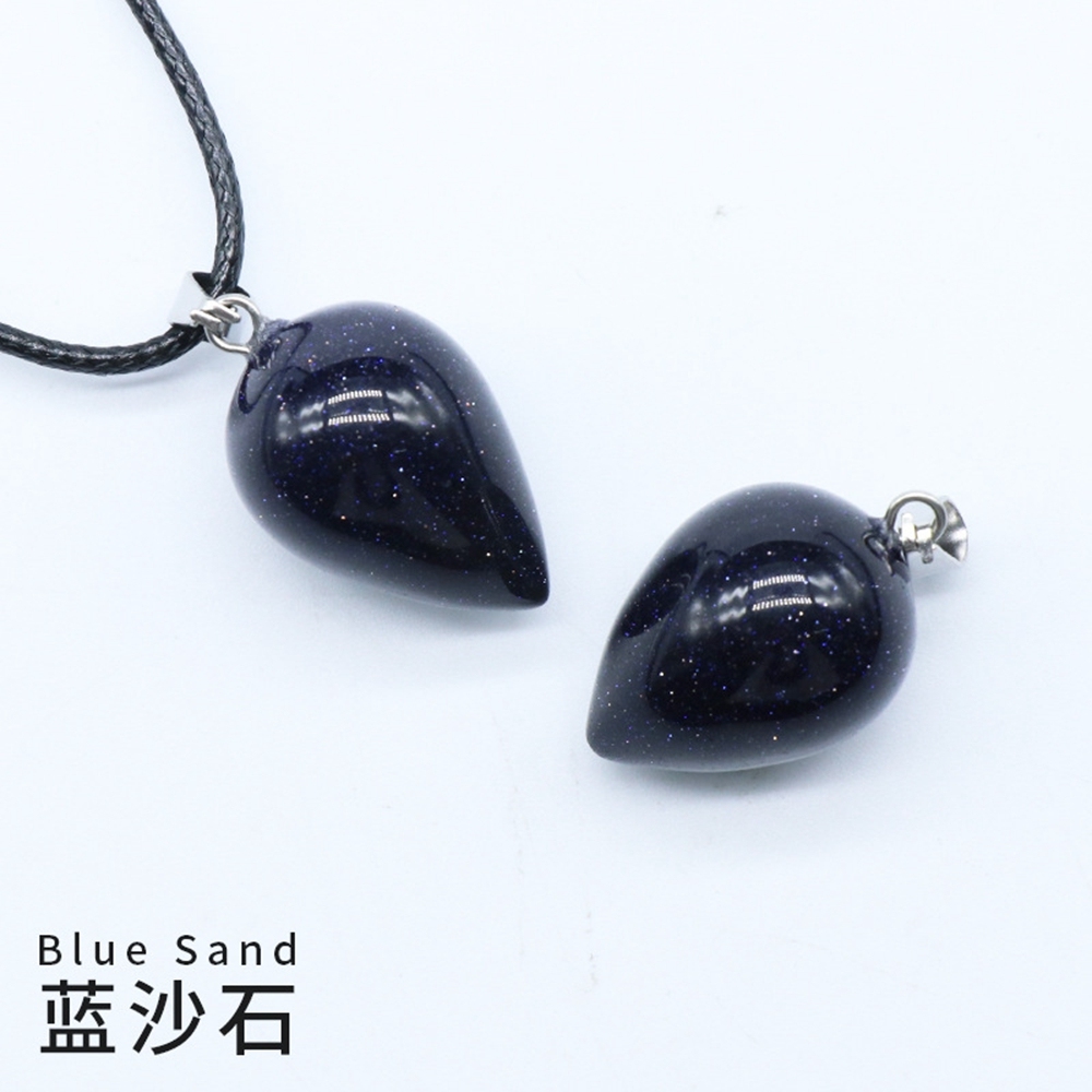 Natural Round Waterdrop  Gemstone Pendant Necklace with 45cm Black Leather