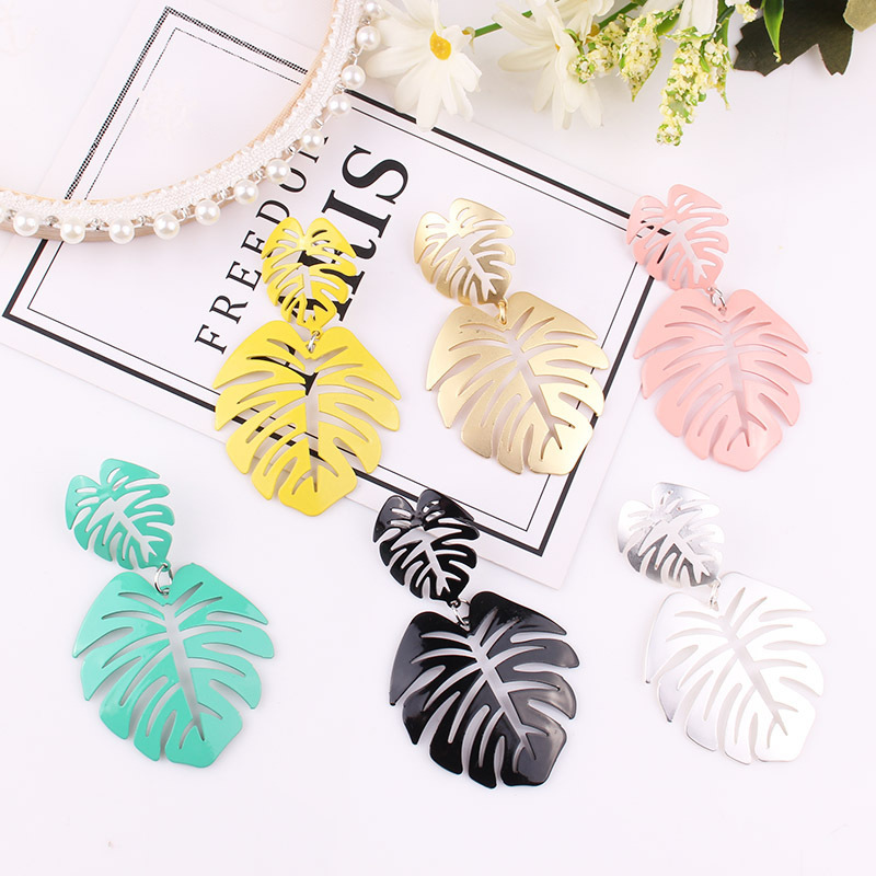 New Fashion Big Leaf Drop Earrings - Vintage Geometric Palm Leaves Green Hollow Jewelry for Women
