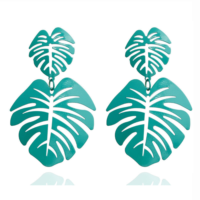 New Fashion Big Leaf Drop Earrings - Vintage Geometric Palm Leaves Green Hollow Jewelry for Women
