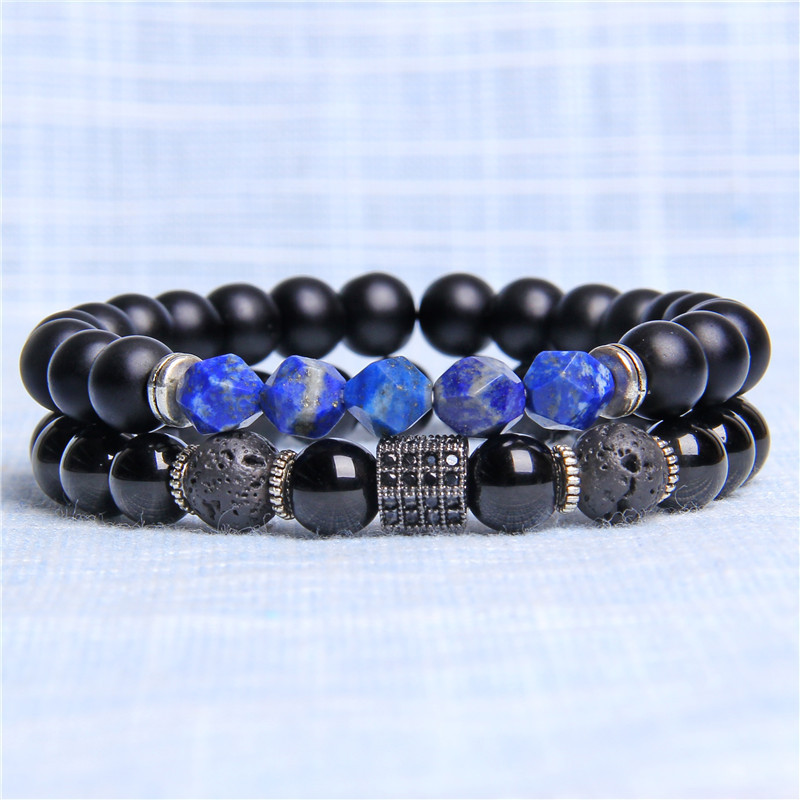 Coupled Matte Onyx Bracelet for women Men with Facet Gemstone Bangle