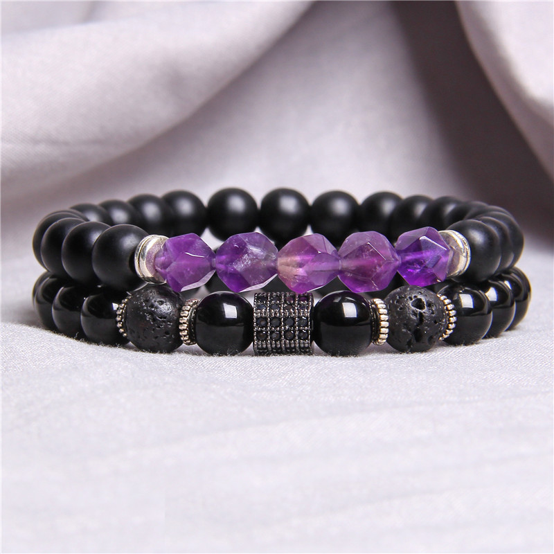 Coupled Matte Onyx Bracelet for women Men with Facet Gemstone Bangle