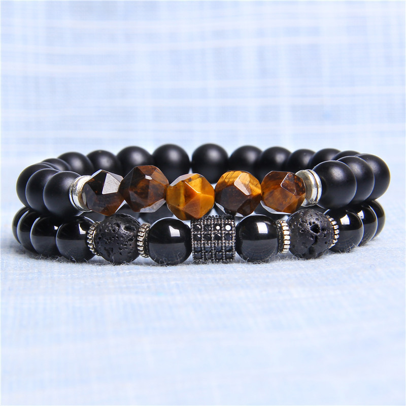 Coupled Matte Onyx Bracelet for women Men with Facet Gemstone Bangle