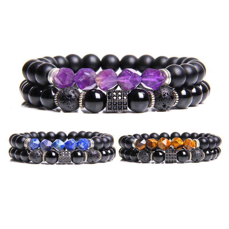 Coupled Matte Onyx Bracelet for women Men with Facet Gemstone Bangle