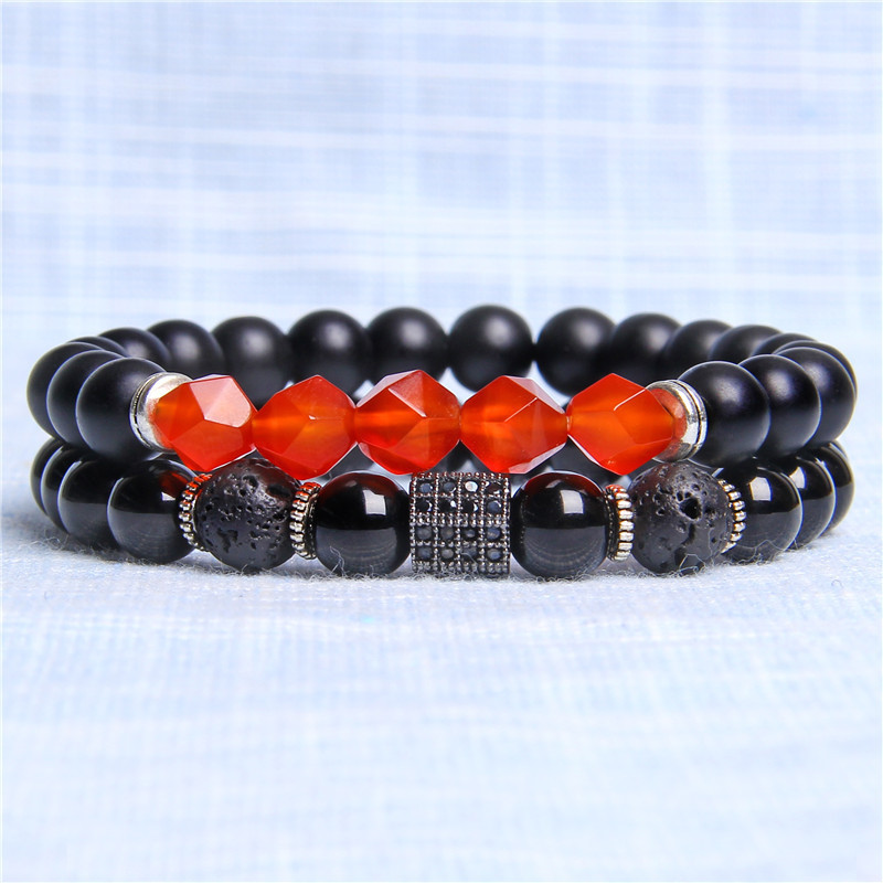Coupled Matte Onyx Bracelet for women Men with Facet Gemstone Bangle