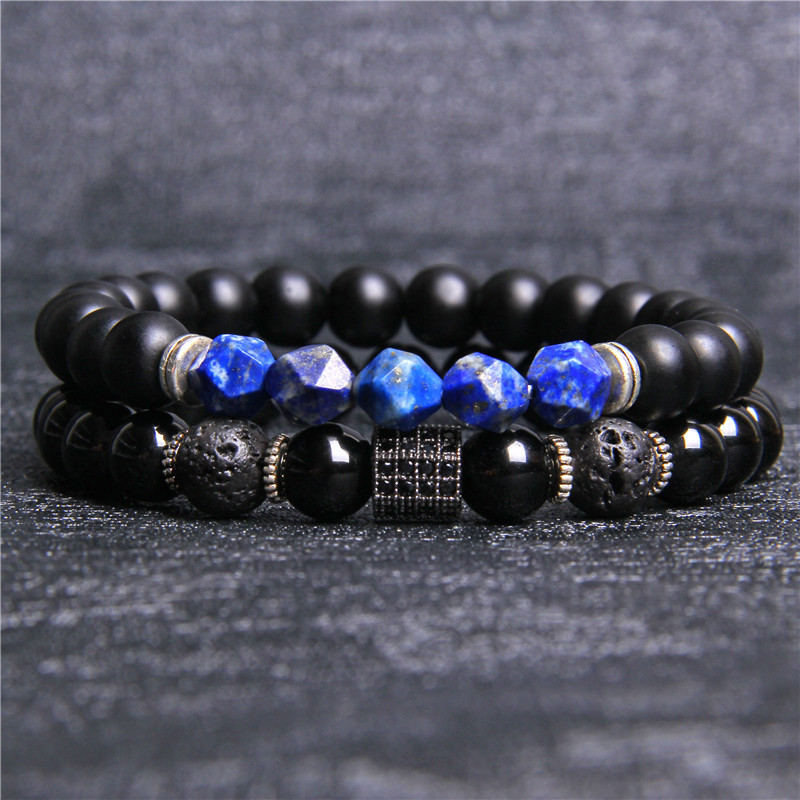 Coupled Matte Onyx Bracelet for women Men with Facet Gemstone Bangle