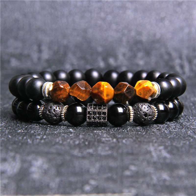 Coupled Matte Onyx Bracelet for women Men with Facet Gemstone Bangle