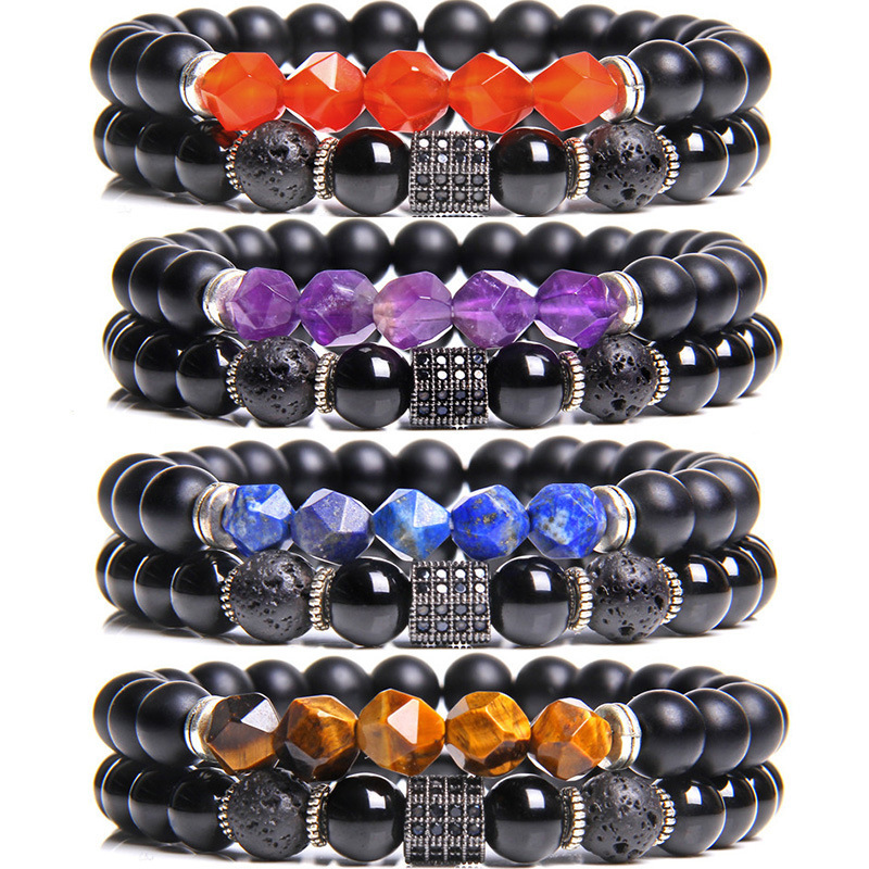Coupled Matte Onyx Bracelet for women Men with Facet Gemstone Bangle