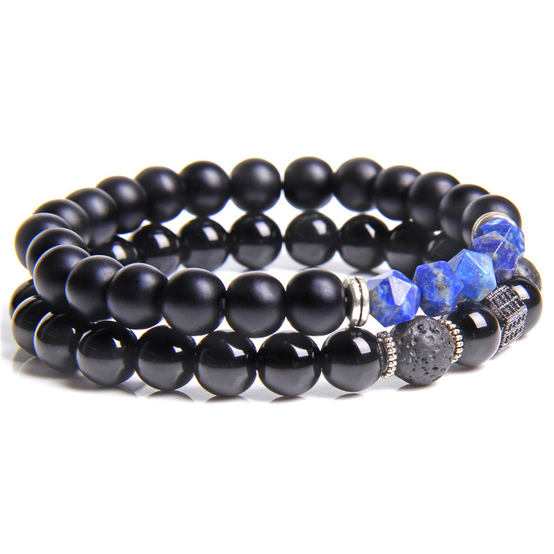 Coupled Matte Onyx Bracelet for women Men with Facet Gemstone Bangle