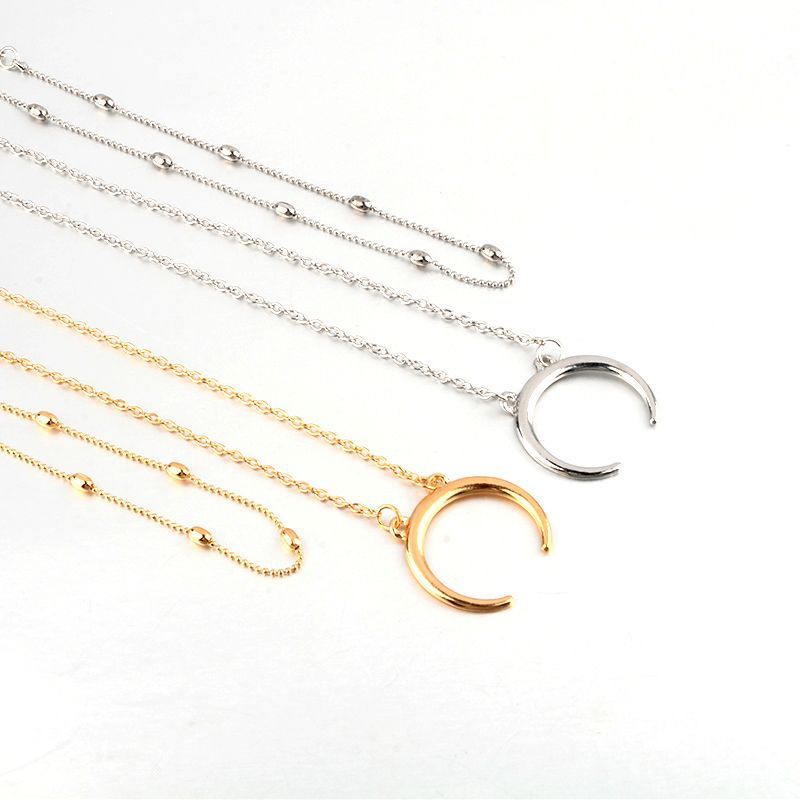 Boho Moon Pendant Necklace Silver Satellite Chain Layered Necklaces Choker Horn Crescent Clavicle Chain Necklace Jewelry for Women and Girls