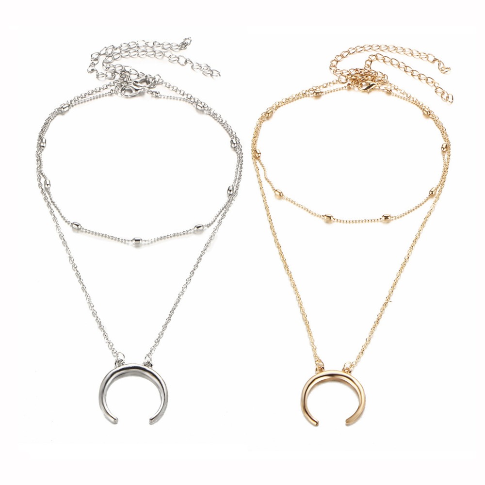 Boho Moon Pendant Necklace Silver Satellite Chain Layered Necklaces Choker Horn Crescent Clavicle Chain Necklace Jewelry for Women and Girls