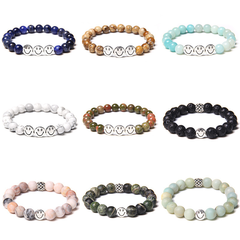 Natural Gemstone 8MM Beads Simle Face Alloy(3PCS) Stone Bracelet