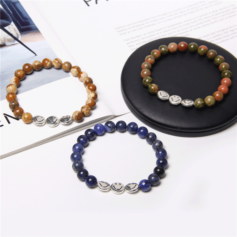 Natural Gemstone 8MM Beads Simle Face Alloy(3PCS) Stone Bracelet