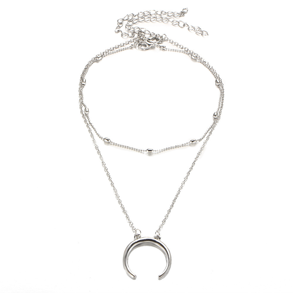 Boho Moon Pendant Necklace Silver Satellite Chain Layered Necklaces Choker Horn Crescent Clavicle Chain Necklace Jewelry for Women and Girls