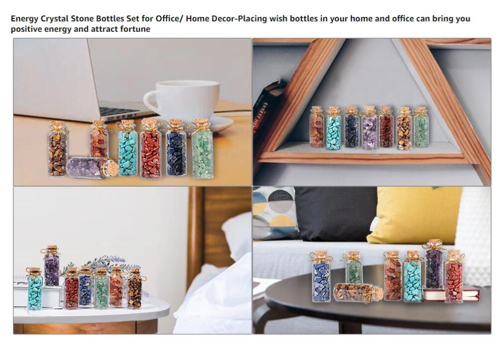 9pcs Mini Glass Wishing Bottles Tumbled Gemstone Crystal Chips Healing Reiki Stones Set