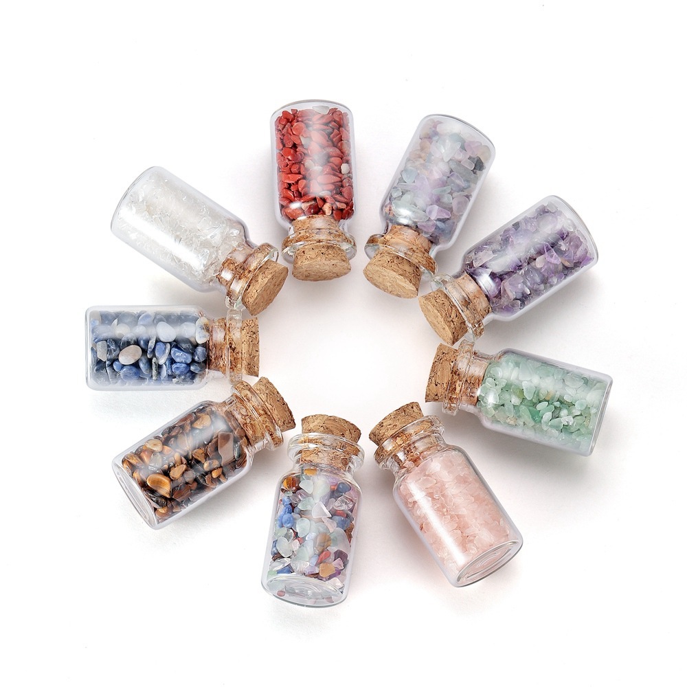 9pcs Mini Glass Wishing Bottles Tumbled Gemstone Crystal Chips Healing Reiki Stones Set