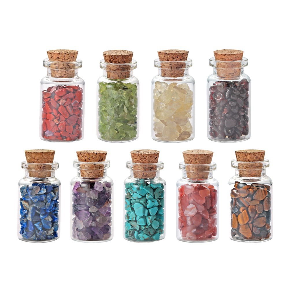 9pcs Mini Glass Wishing Bottles Tumbled Gemstone Crystal Chips Healing Reiki Stones Set