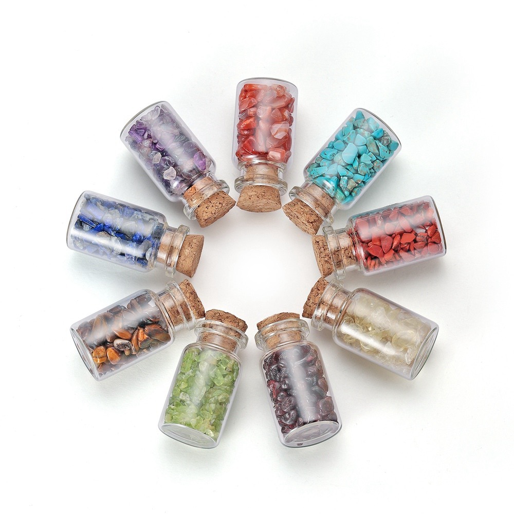9pcs Mini Glass Wishing Bottles Tumbled Gemstone Crystal Chips Healing Reiki Stones Set