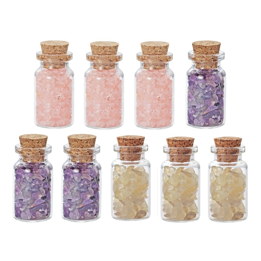 9pcs Mini Glass Wishing Bottles Tumbled Gemstone Crystal Chips Healing Reiki Stones Set