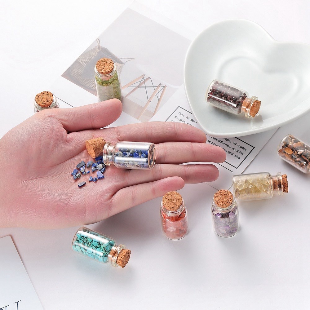 9pcs Mini Glass Wishing Bottles Tumbled Gemstone Crystal Chips Healing Reiki Stones Set