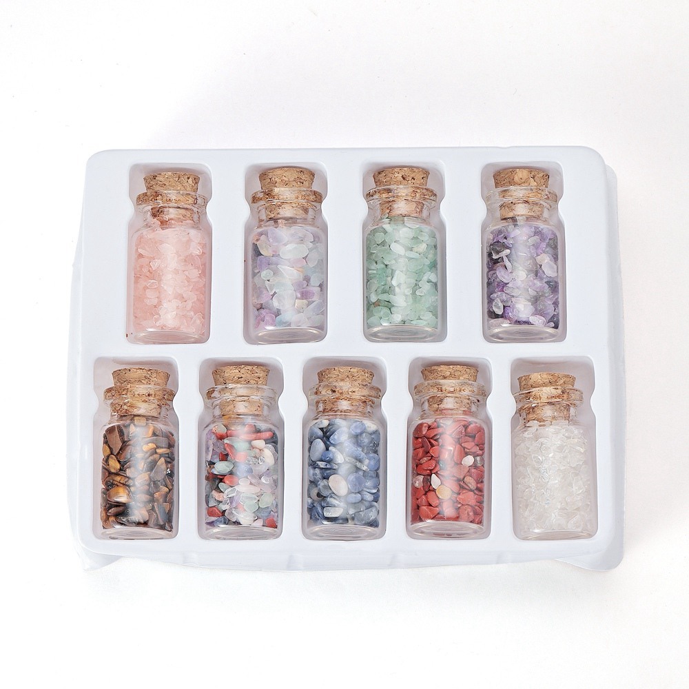 9pcs Mini Glass Wishing Bottles Tumbled Gemstone Crystal Chips Healing Reiki Stones Set