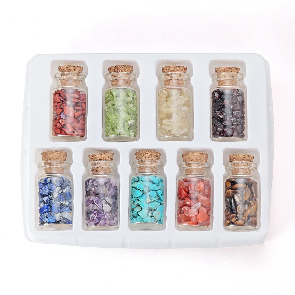9pcs Mini Glass Wishing Bottles Tumbled Gemstone Crystal Chips Healing Reiki Stones Set