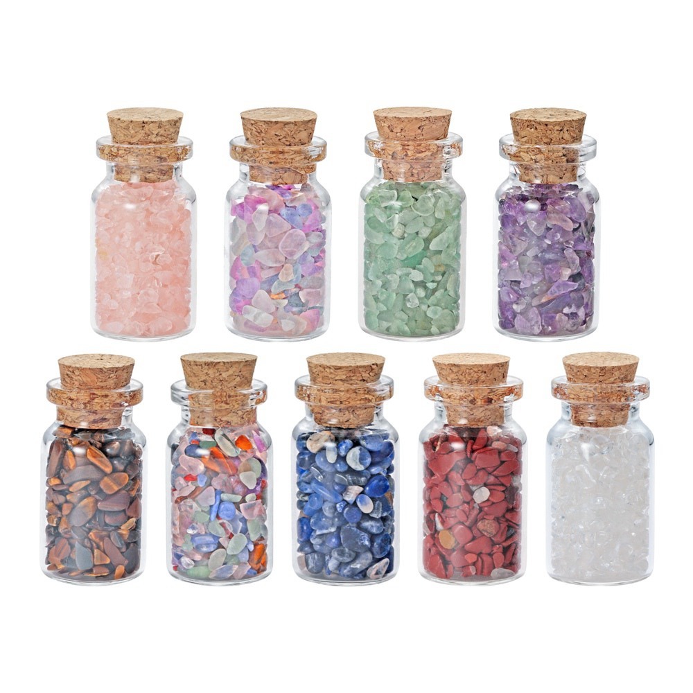 9pcs Mini Glass Wishing Bottles Tumbled Gemstone Crystal Chips Healing Reiki Stones Set