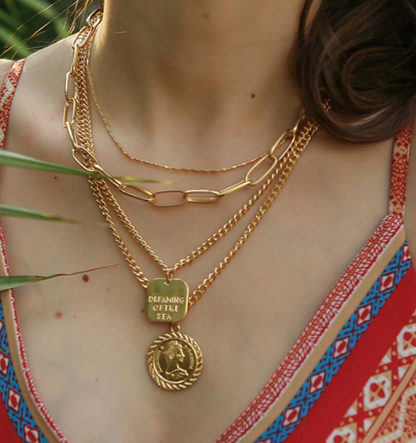 Layered Choker Necklace, Handmade 18K Gold Plated Coin Pendant Necklace Multilayer Disc Necklace Chunky Chain Adjustable Layering Choker Necklaces for