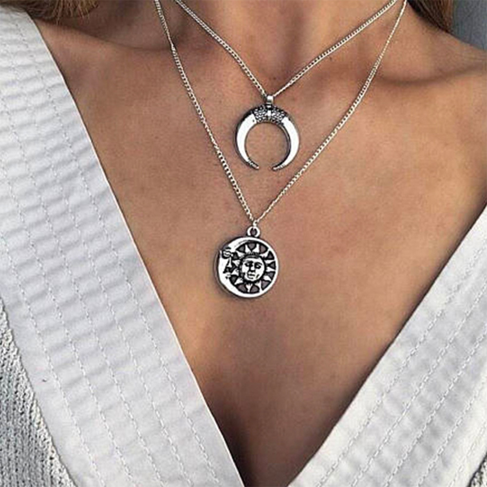 Multi-Layer Disc Horn Necklace Pendant Vintage Clavicle Chain Half Moon Sun Pendant Necklace Choker for Women Girls