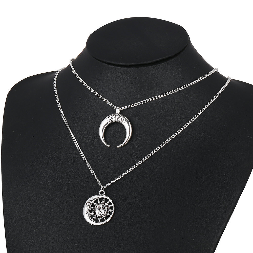 Multi-Layer Disc Horn Necklace Pendant Vintage Clavicle Chain Half Moon Sun Pendant Necklace Choker for Women Girls
