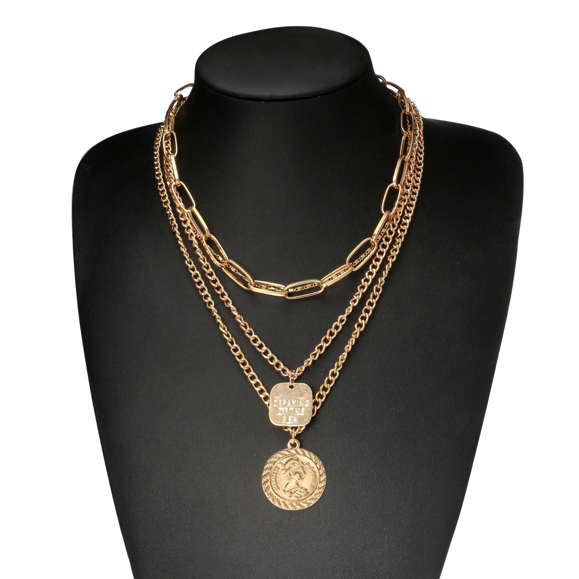 Layered Choker Necklace, Handmade 18K Gold Plated Coin Pendant Necklace Multilayer Disc Necklace Chunky Chain Adjustable Layering Choker Necklaces for