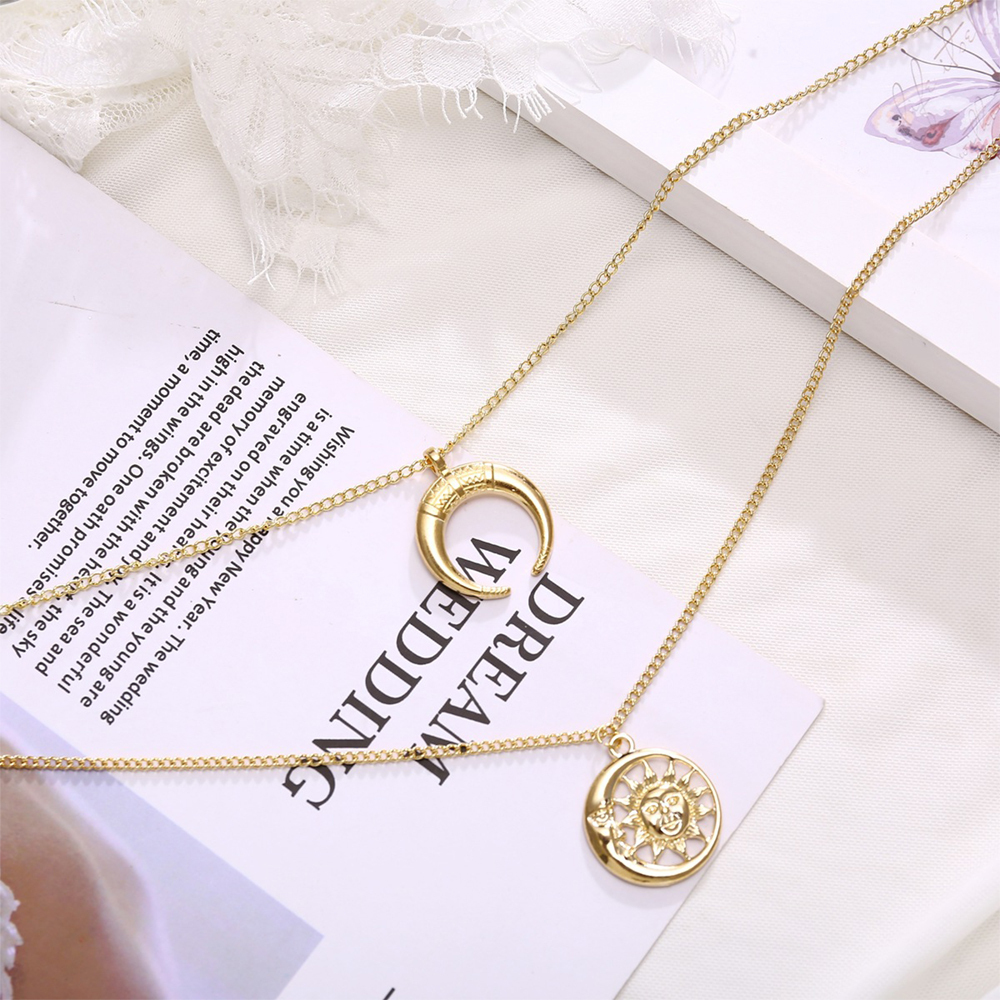 Multi-Layer Disc Horn Necklace Pendant Vintage Clavicle Chain Half Moon Sun Pendant Necklace Choker for Women Girls