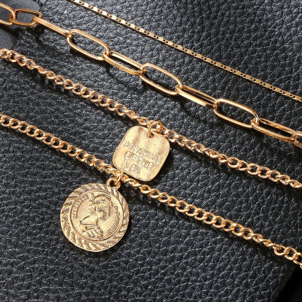 Layered Choker Necklace, Handmade 18K Gold Plated Coin Pendant Necklace Multilayer Disc Necklace Chunky Chain Adjustable Layering Choker Necklaces for