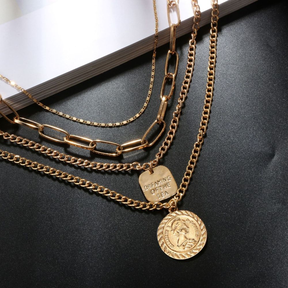Layered Choker Necklace, Handmade 18K Gold Plated Coin Pendant Necklace Multilayer Disc Necklace Chunky Chain Adjustable Layering Choker Necklaces for