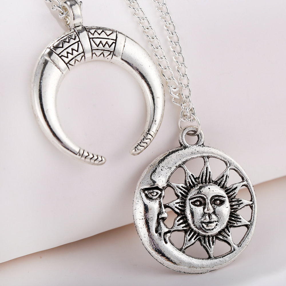 Multi-Layer Disc Horn Necklace Pendant Vintage Clavicle Chain Half Moon Sun Pendant Necklace Choker for Women Girls